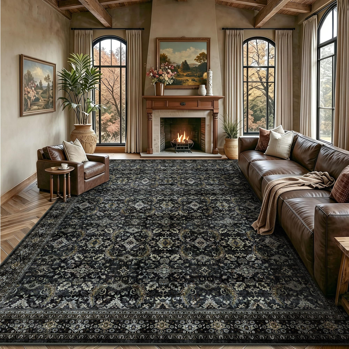 8x10 Area Rugs for Living Room - Washable Vintage Retro Large Rug, Soft Ultra Thin Non Slip Low Pile Traditional Distressed Boho Carpet for Bedroom Dining Room Home Office, Rust Clay