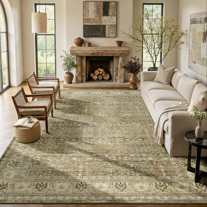Lofus 9x12 Washable Area Rug for Living Room, Non-Slip Green Boho Carpet