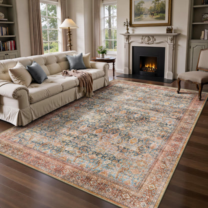 8x10 Area Rugs for Living Room - Washable Vintage Retro Large Rug, Soft Ultra Thin Non Slip Low Pile Traditional Distressed Boho Carpet for Bedroom Dining Room Home Office, Rust Clay
