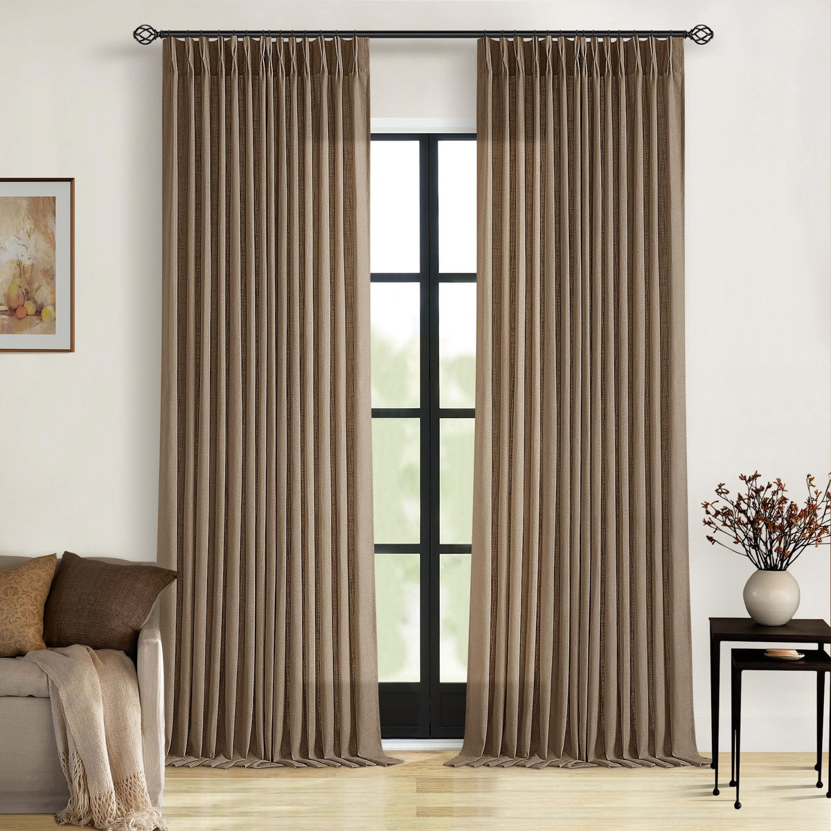 TWODRAPES Natural Pinch Pleated Linen Semi Sheer 84 Inch Curtains 2 Panels