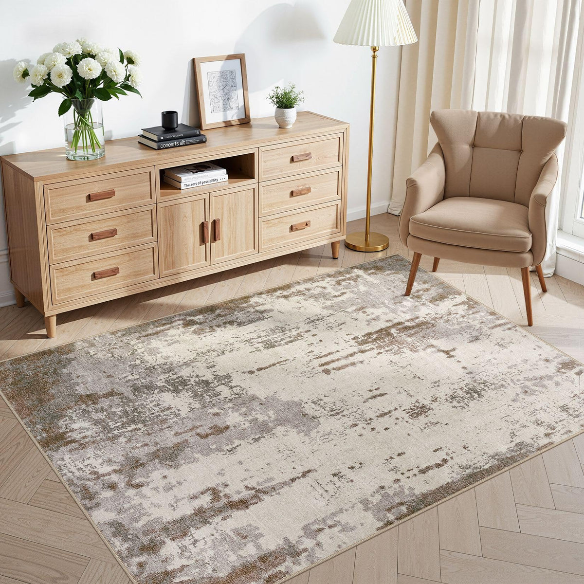 UERMEI 8x10 Area Rug Living Room Rugs - Washable Neutral Modern Abstract Soft Thin Large Rug Indoor Floor No Slip Rug Carpet for Bedroom Under Dining Table Home Office Decor - Brown Grey