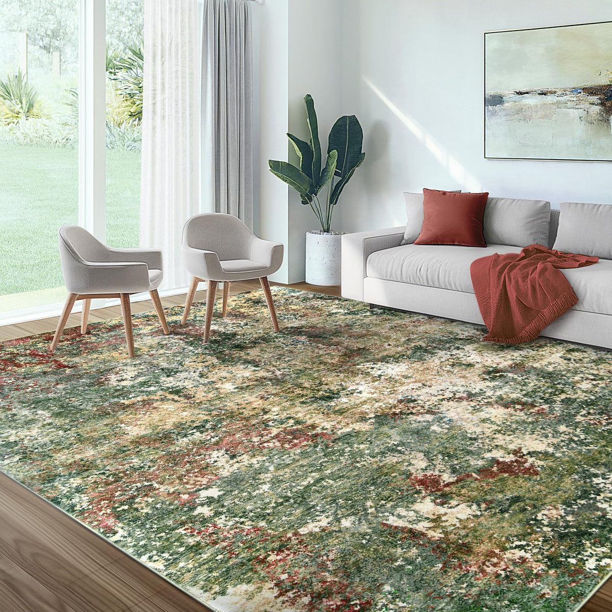 Washable Area Rug for Living Room: 9x12 Modern Abstract Neutral Soft Rug for Bedroom Dining Room No Slip Low Pile Carpet for Nursery Home Office - Grey/Blue