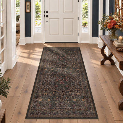 Floral Dark Green Washable Area Rugs 8x10, Vintage Living Room Rug