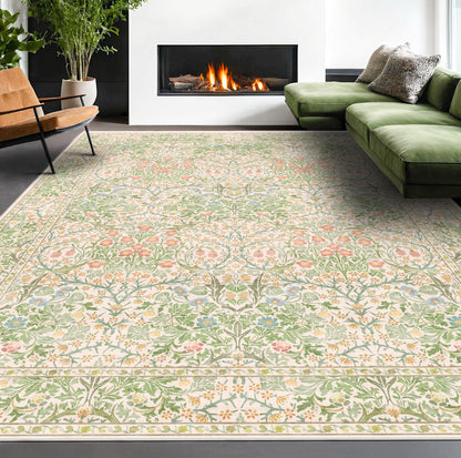 Floral Dark Green Washable Area Rugs 8x10, Vintage Living Room Rug