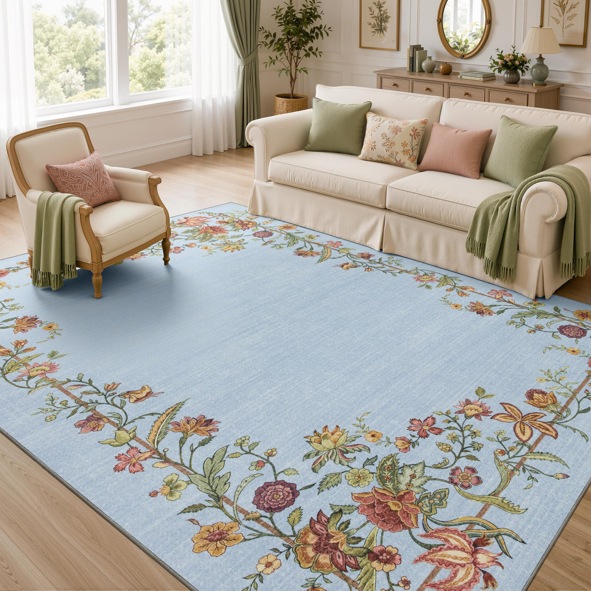 JOLLYVOGUE Washable 8x10 Area Rug for Living Room, Vintage Floral, Beige