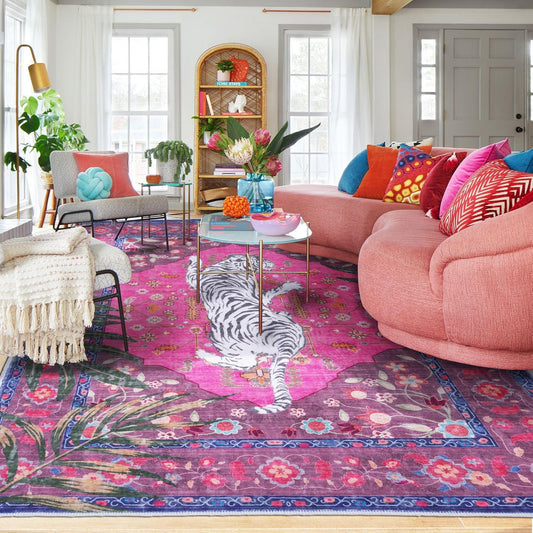 5x7 FT Leopard Rug for Living Room Hot Pink Leopard Vintage Animal Rug Aesthetic Pink Rugs for Girls Room Nursery Bedroom Home Office Dorm Thin Bright Magenta Carpet (Hot Pink, 5X7 FT)