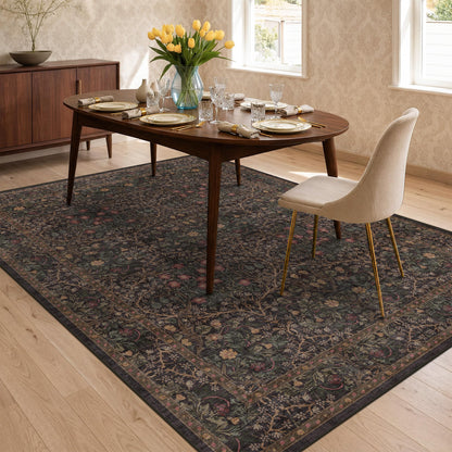 Floral Dark Green Washable Area Rugs 8x10, Vintage Living Room Rug