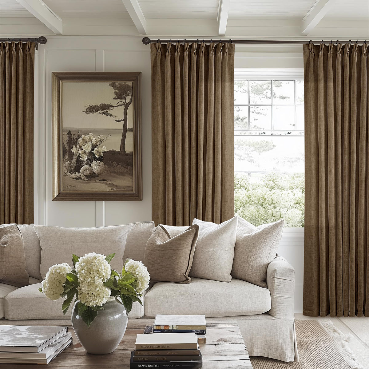 TWODRAPES Natural Pinch Pleated Linen Semi Sheer 84 Inch Curtains 2 Panels