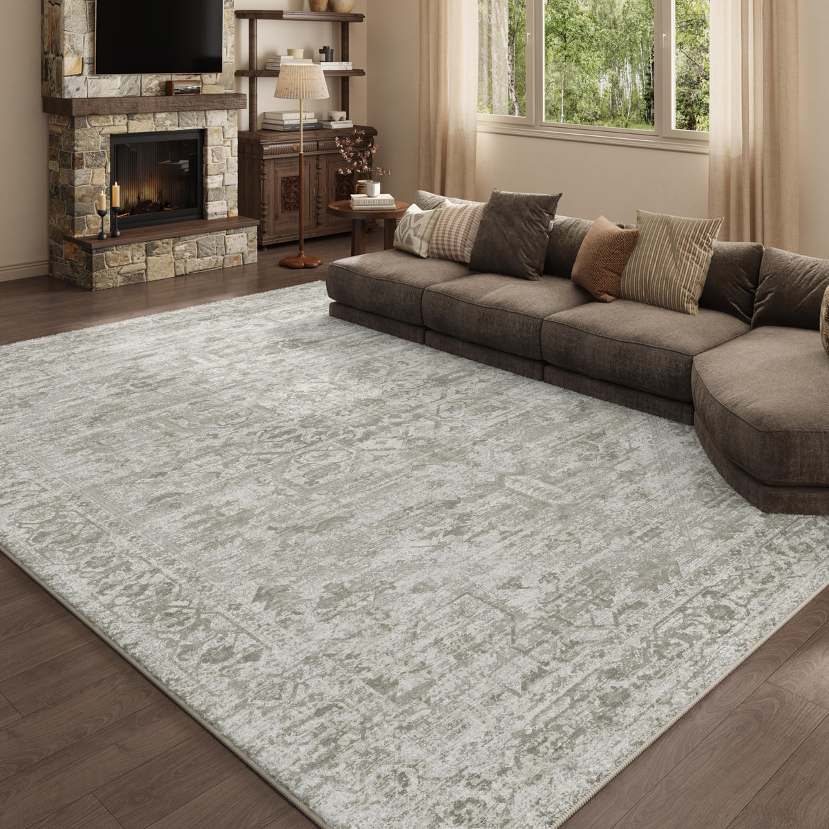 8x10 Pink Gray Washable Area Rug for Living Room, Vintage Print