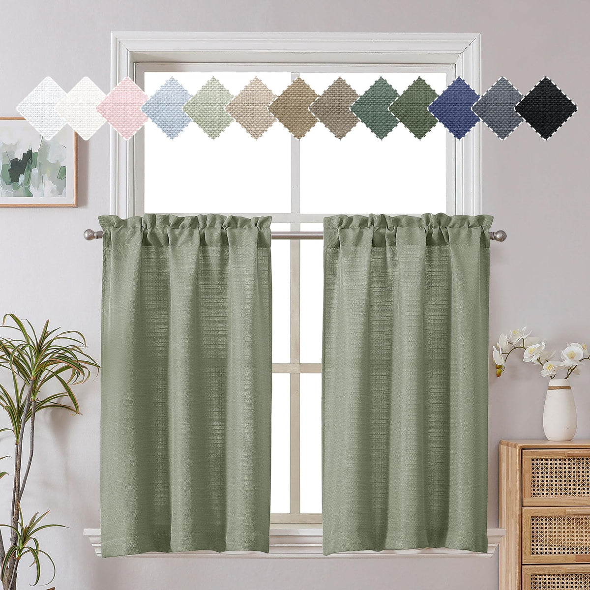 Chyhomenyc White Curtains 45 Inch Length 2 Panels, Faux Linen Textured