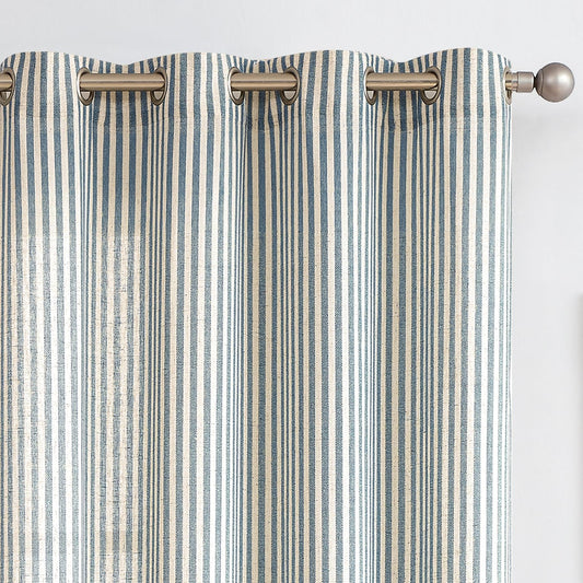 Vangao Linen Curtains for Living Room, Striped Blue Curtains 84L, 2 Panels