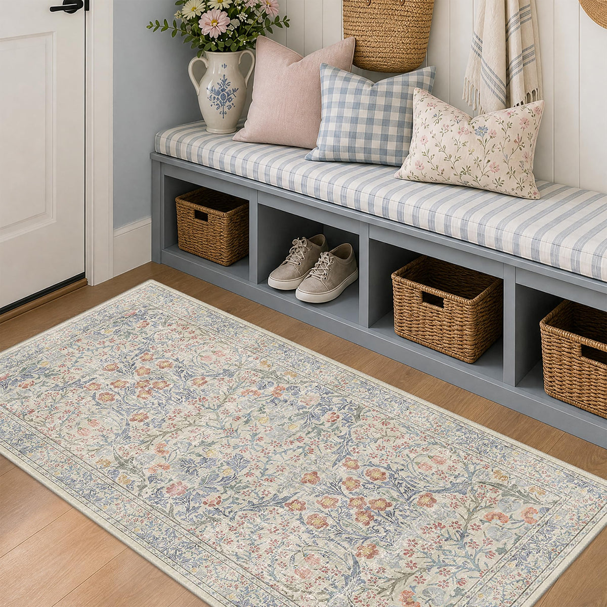 Floral Dark Green Washable Area Rugs 8x10, Vintage Living Room Rug