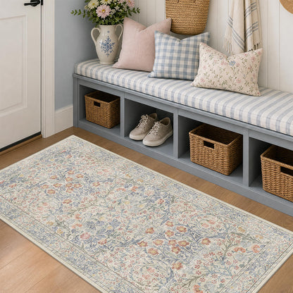 Floral Dark Green Washable Area Rugs 8x10, Vintage Living Room Rug