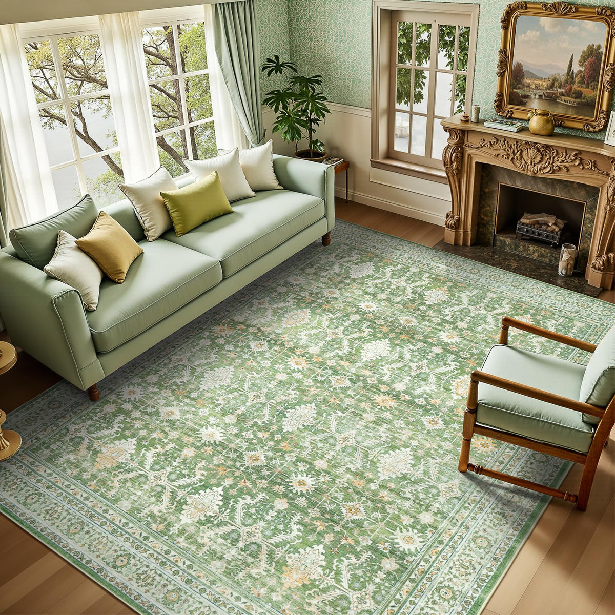8x10 Area Rugs for Living Room Green Washable Non-Slip Large Carpet