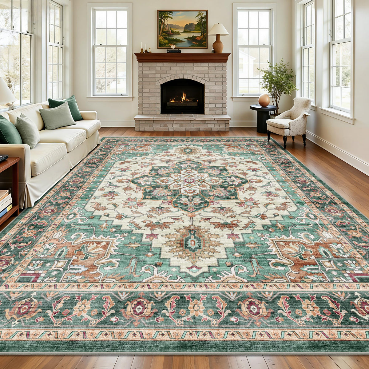 8x10 Area Rugs for Living Room - Washable Vintage Retro Large Rug, Soft Ultra Thin Non Slip Low Pile Traditional Distressed Boho Carpet for Bedroom Dining Room Home Office, Rust Clay