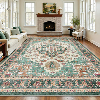 8x10 Area Rugs for Living Room - Washable Vintage Retro Large Rug, Soft Ultra Thin Non Slip Low Pile Traditional Distressed Boho Carpet for Bedroom Dining Room Home Office, Rust Clay