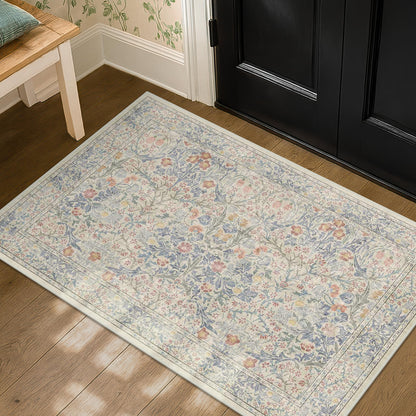 Floral Dark Green Washable Area Rugs 8x10, Vintage Living Room Rug