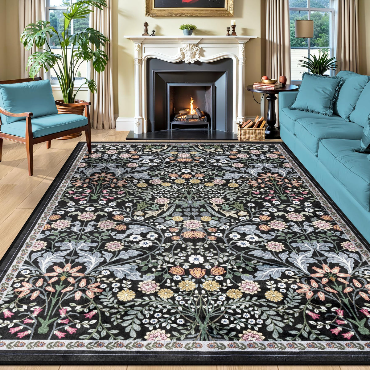 PLHXFR 8x10 Area Rug Living Room: Floral Washable Boho Carpet Dark Green