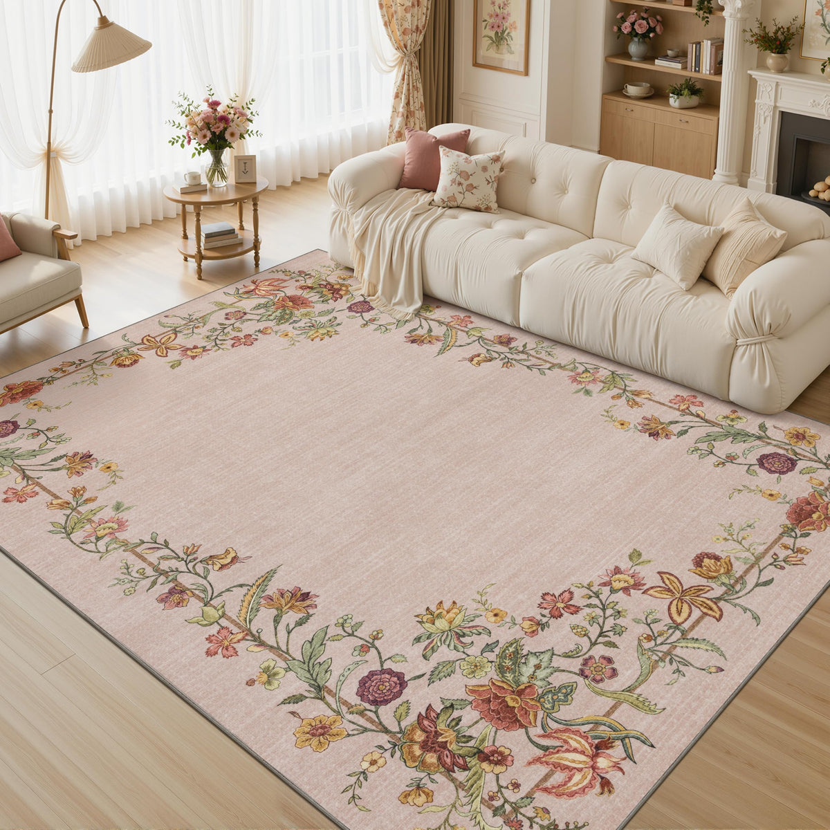 JOLLYVOGUE Washable 8x10 Area Rug for Living Room, Vintage Floral, Beige