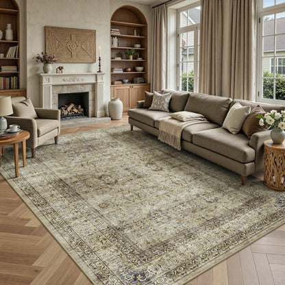 8x10 Area Rugs for Living Room - Washable Vintage Retro Large Rug, Soft Ultra Thin Non Slip Low Pile Traditional Distressed Boho Carpet for Bedroom Dining Room Home Office, Rust Clay