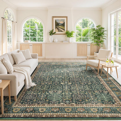 Lofus 9x12 Washable Area Rug for Living Room, Non-Slip Green Boho Carpet