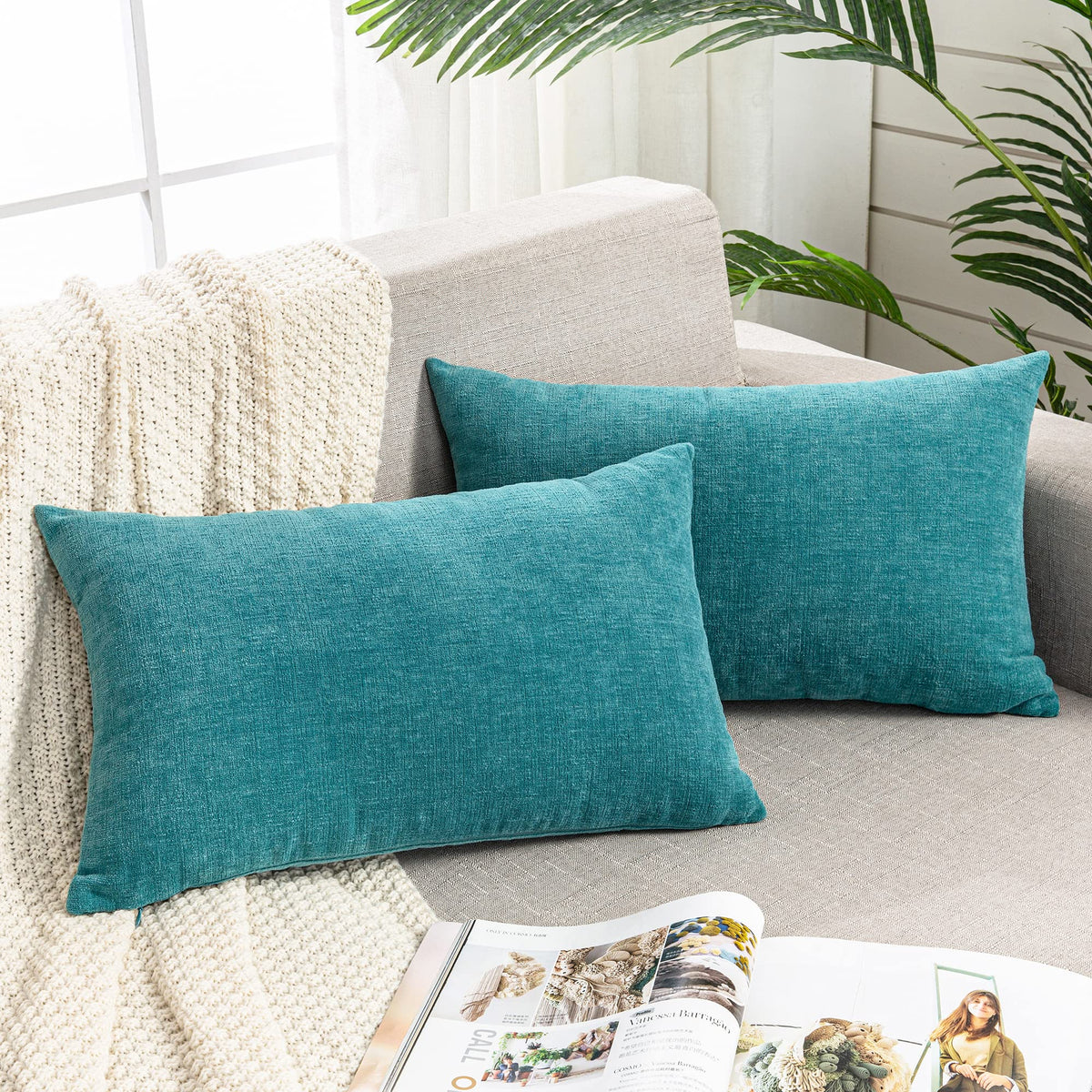 GAWAMAY Lumbar Support Pillow Decorative Rectangle Throw Pillow Covers 12"x20" Inch Set of 2, Soft Chenille Fall Pillowcase for Living Room Bedroom Sofa Couch Cushion Cover Grey 30x50cm (No Insert)