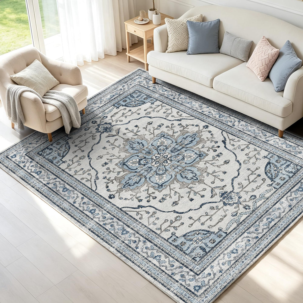 YARNSCAPE 5' x 7' Machine Washable Area Rug, Non-Slip Low-Pile Carpet