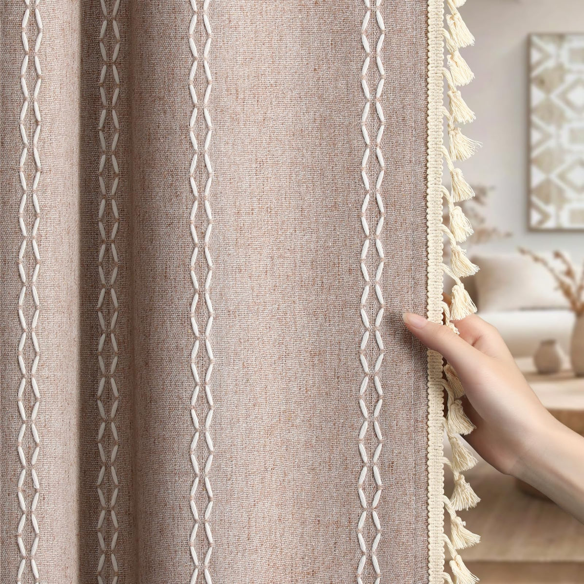 Boho 100% Blackout Curtains 84 Inch 2 Panels Linen Blend Beige