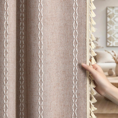 Boho 100% Blackout Curtains 84 Inch 2 Panels Linen Blend Beige