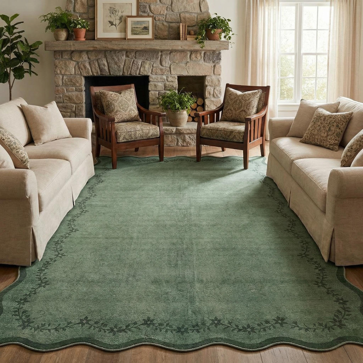 GarveeHome 5x7 Scalloped Area Rug Jute Washable Bedroom Living Room Rug
