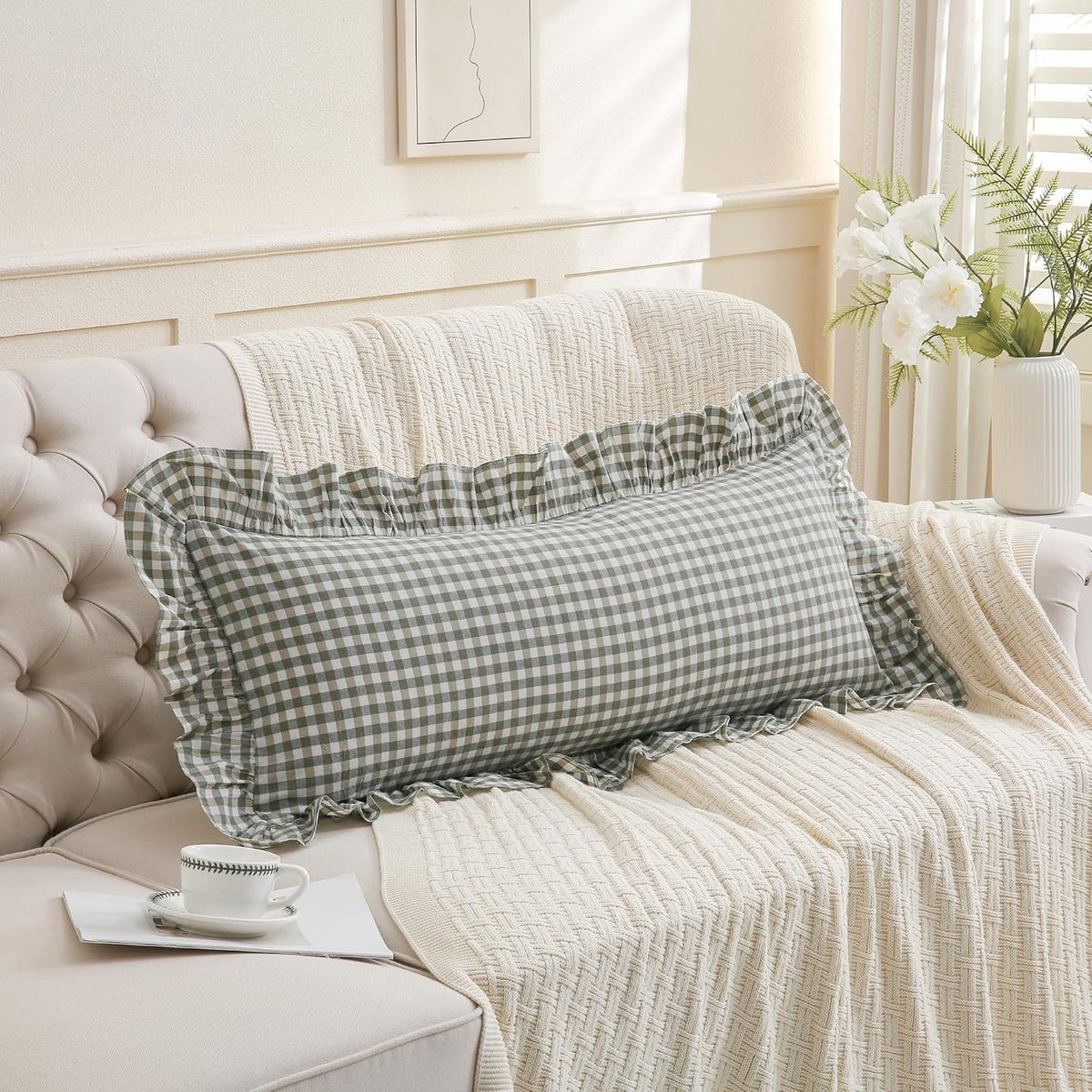 14x36 inches Sage Green Plaid Ruffle Lumbar Pillow Sham 1 Piece