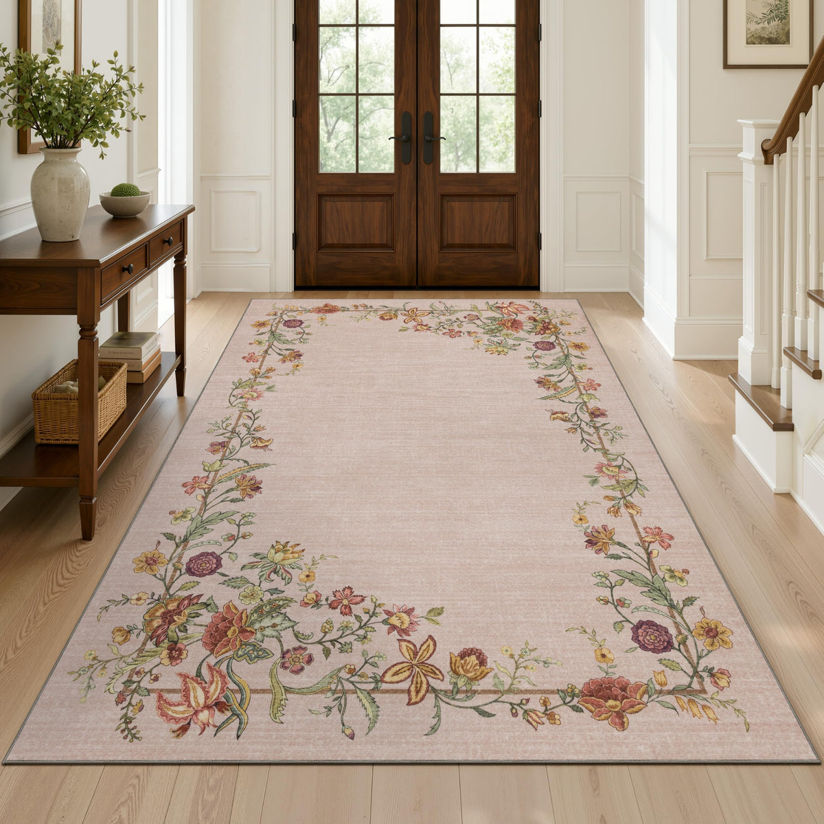 JOLLYVOGUE Washable 8x10 Area Rug for Living Room, Vintage Floral, Beige