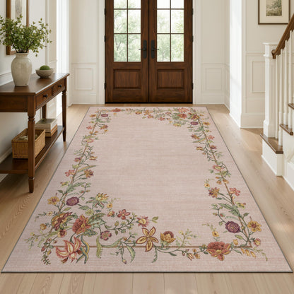 JOLLYVOGUE Washable 8x10 Area Rug for Living Room, Vintage Floral, Beige