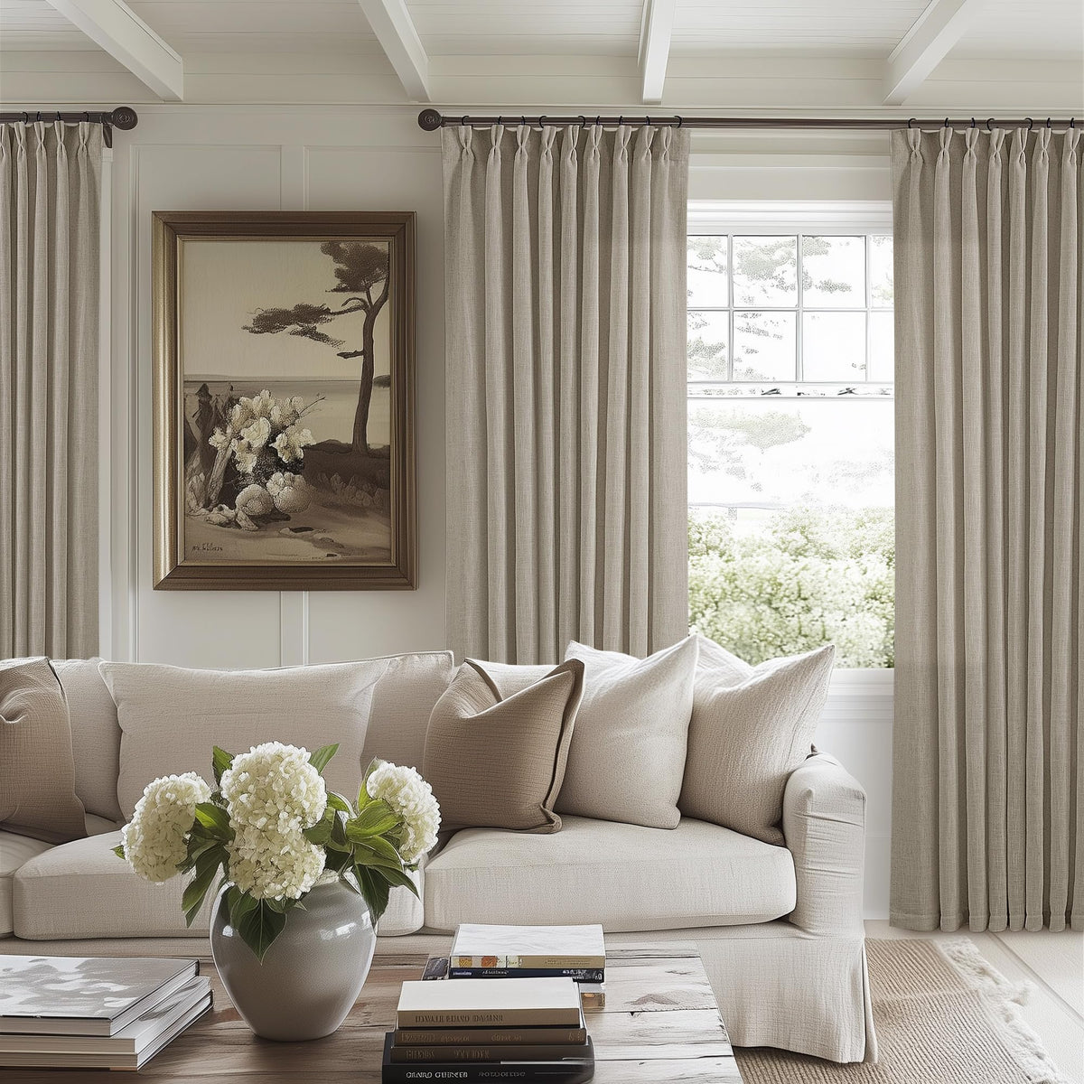 TWODRAPES Natural Pinch Pleated Linen Semi Sheer 84 Inch Curtains 2 Panels