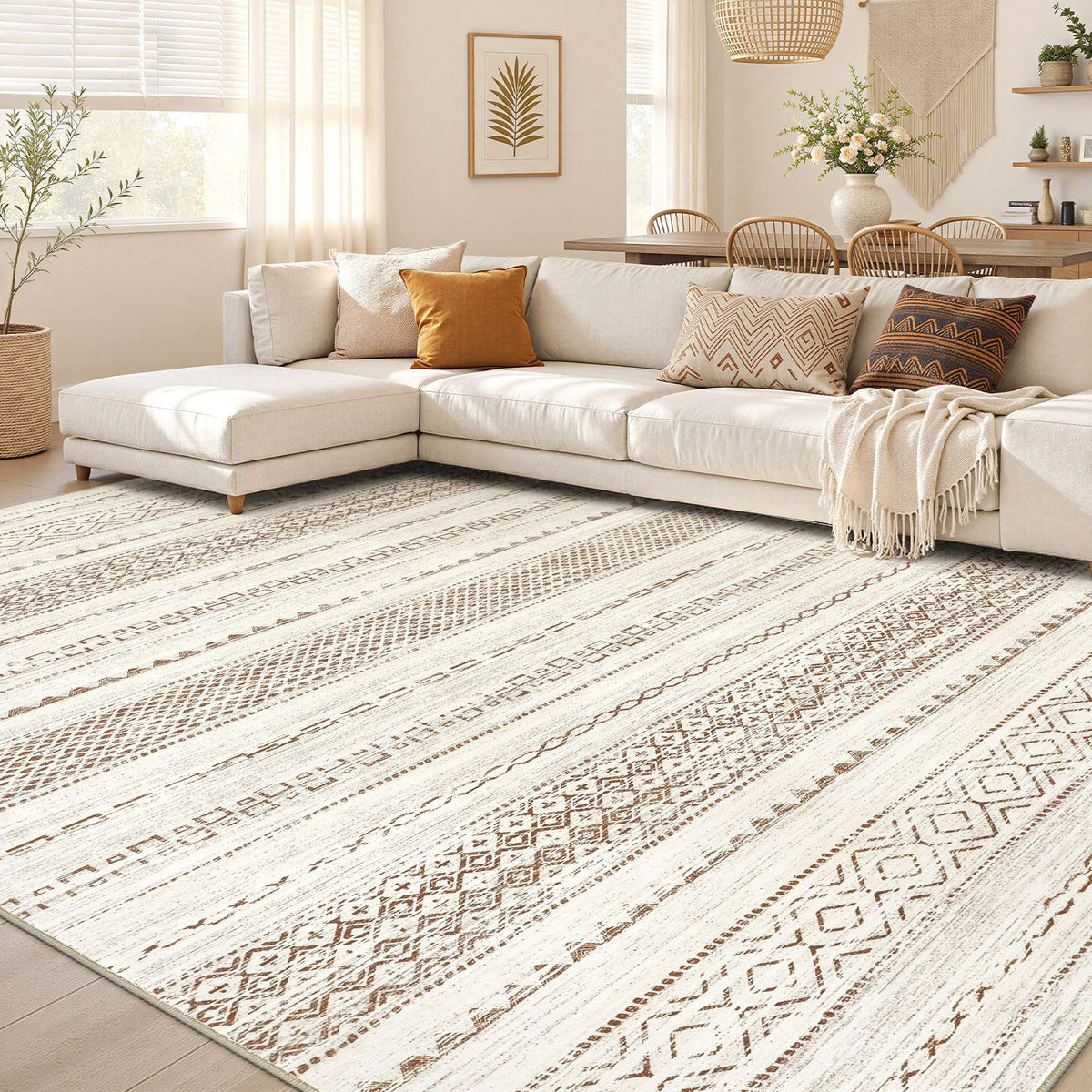 Nakagishi Boho 5x7 Area Rug Living Room Rugs Machine Washable Beige/Brown