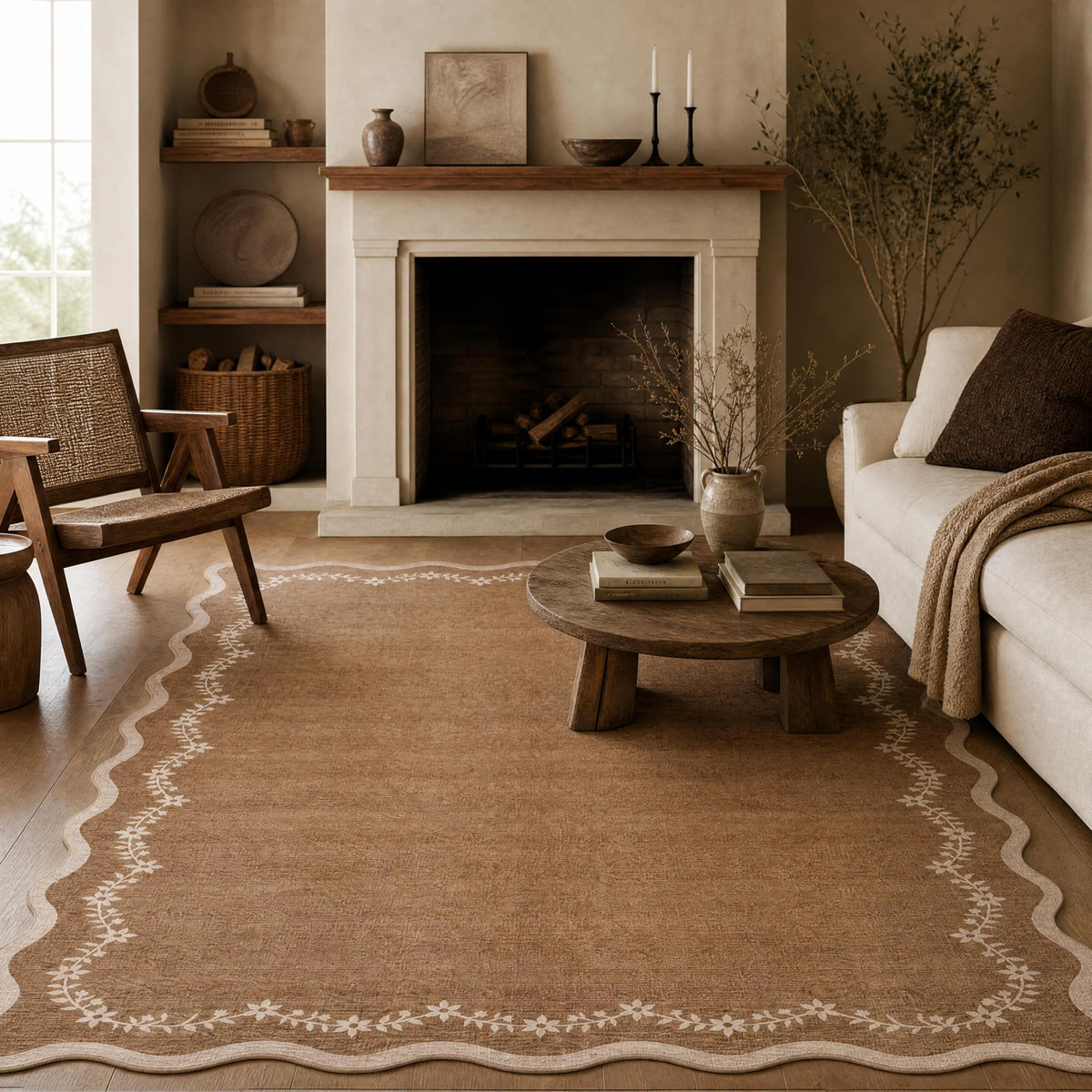 GarveeHome 5x7 Scalloped Area Rug Jute Washable Bedroom Living Room Rug