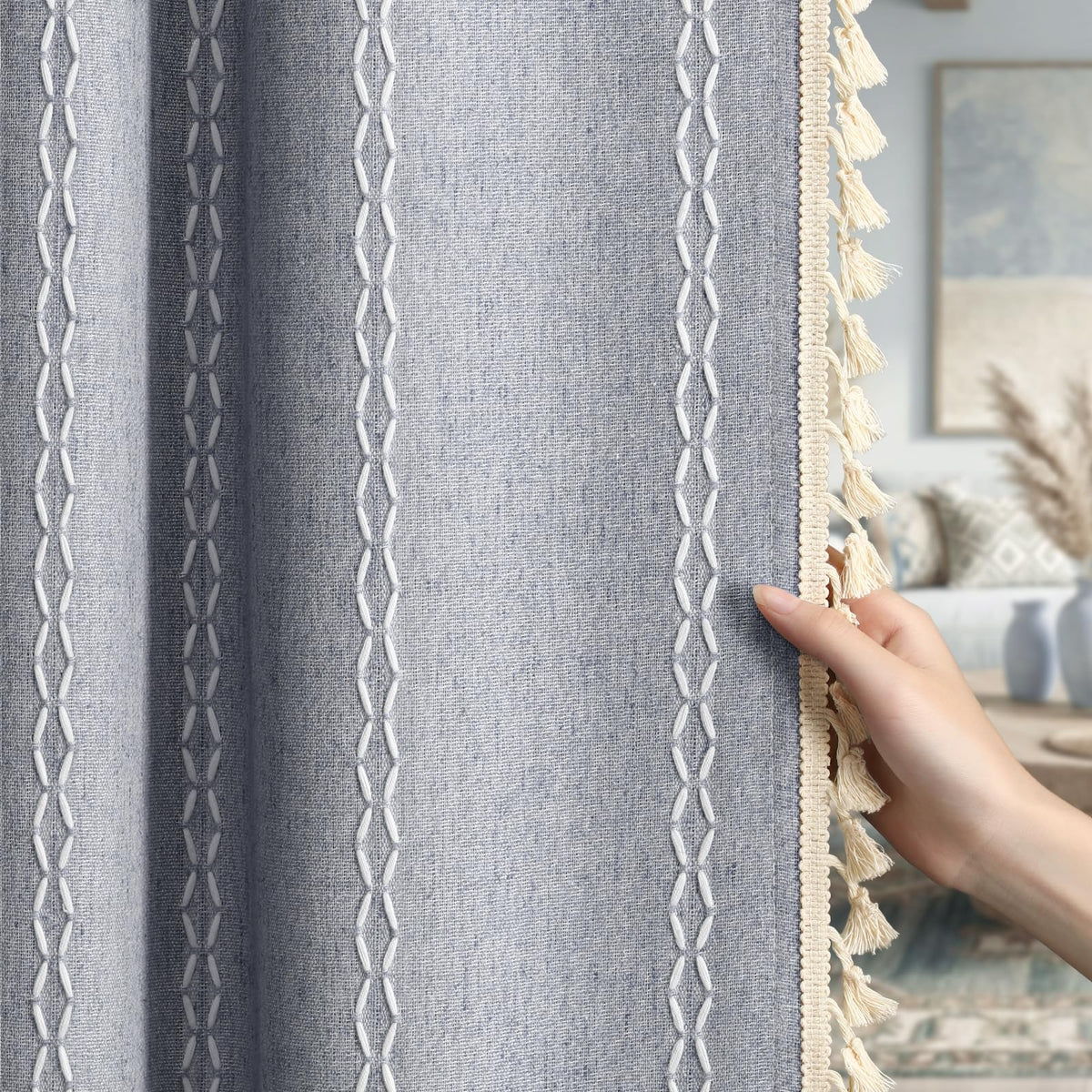 Boho 100% Blackout Curtains 84 Inch 2 Panels Linen Blend Beige