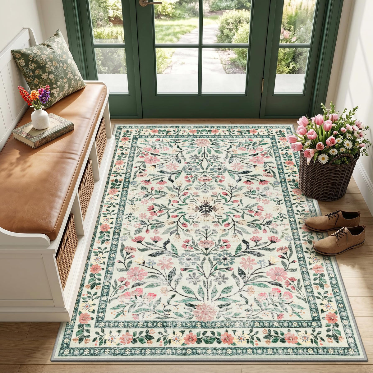 PLHXFR 8x10 Area Rug Living Room: Floral Washable Boho Carpet Dark Green