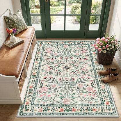 PLHXFR 8x10 Area Rug Living Room: Floral Washable Boho Carpet Dark Green
