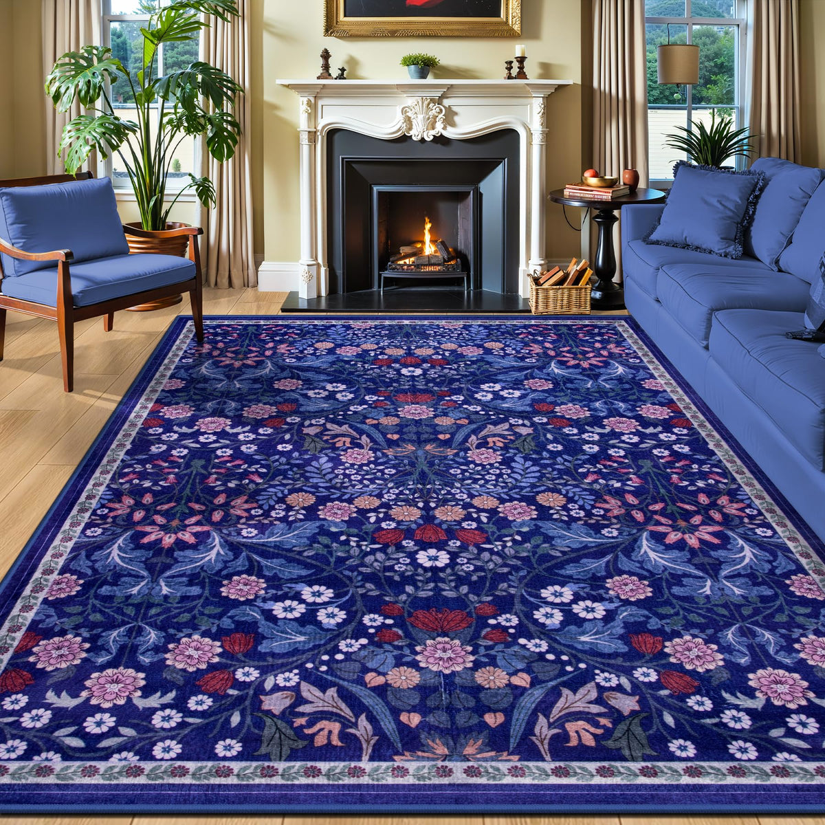PLHXFR 8x10 Area Rug Living Room: Floral Washable Boho Carpet Dark Green