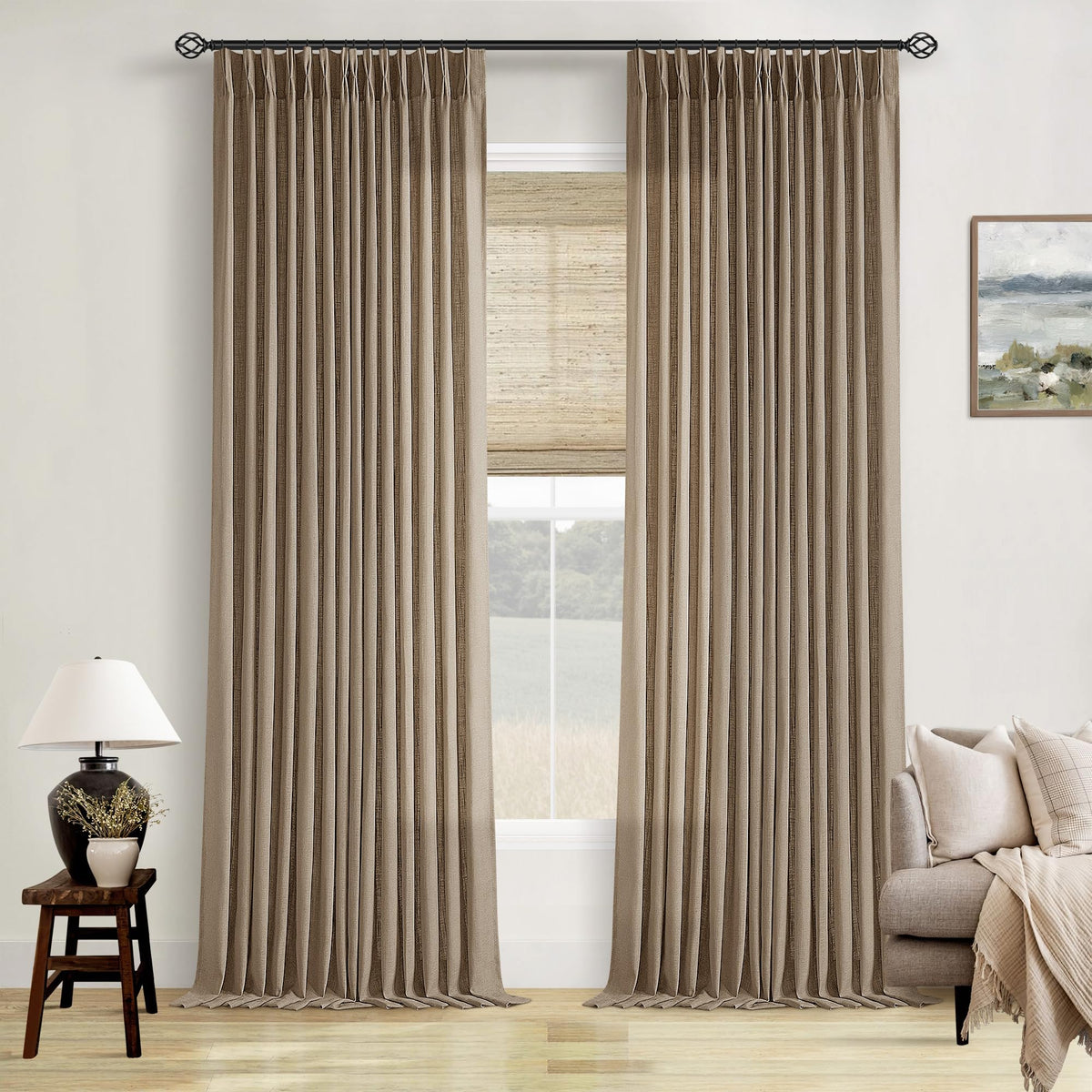 TWODRAPES Natural Pinch Pleated Linen Semi Sheer 84 Inch Curtains 2 Panels
