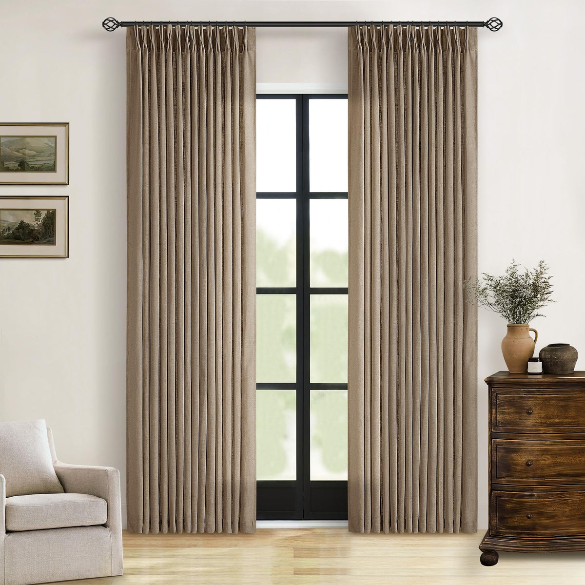 TWODRAPES Natural Pinch Pleated Linen Semi Sheer 84 Inch Curtains 2 Panels