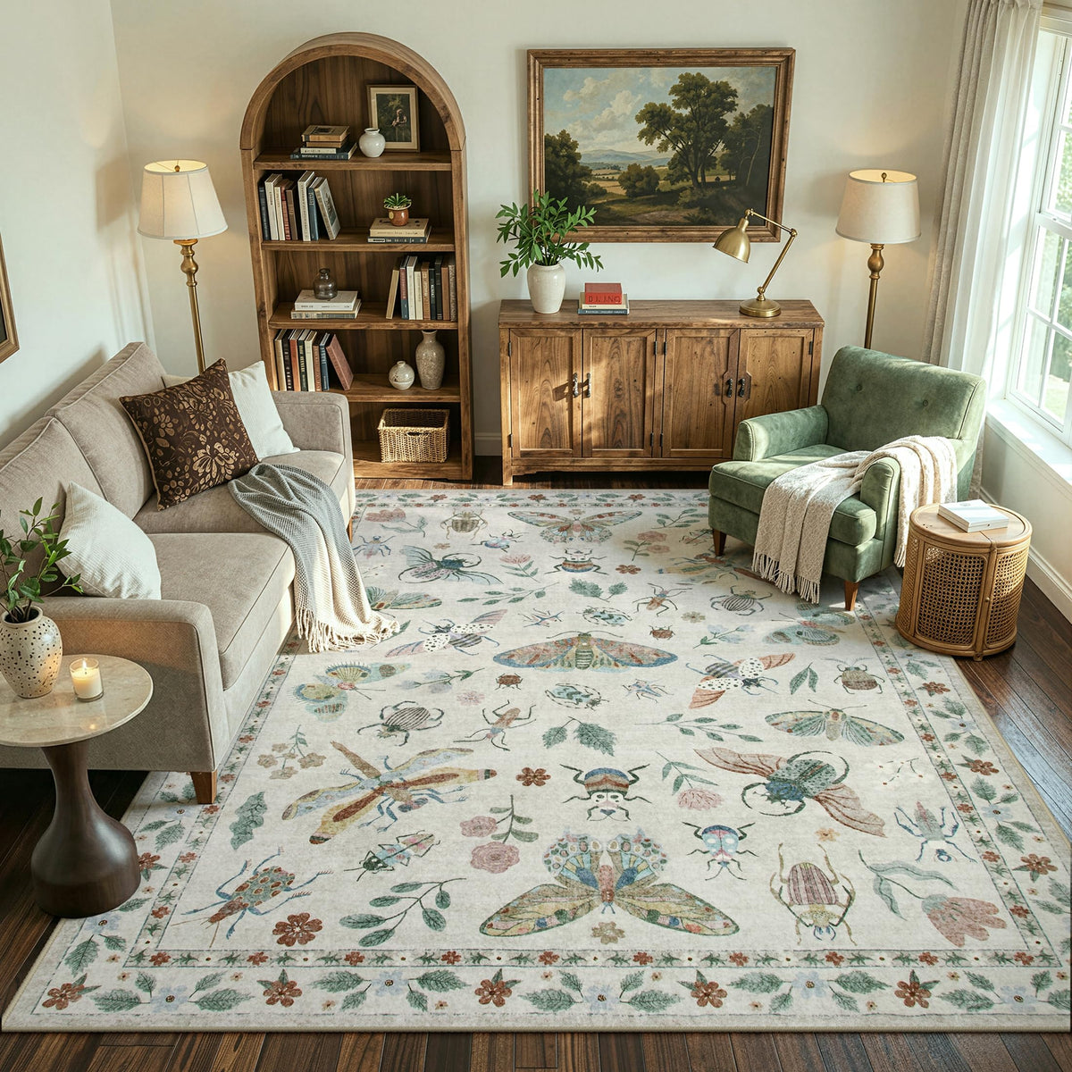 Lahome Bug Washable Area Rugs 5x7, Soft Green Rug for Living Room Bedroom
