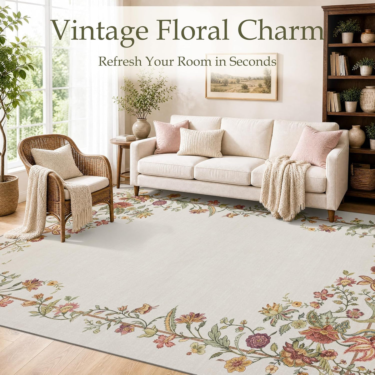 JOLLYVOGUE Washable 8x10 Area Rug for Living Room, Vintage Floral, Beige