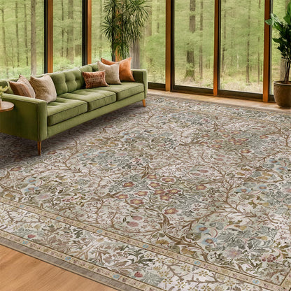 Floral Dark Green Washable Area Rugs 8x10, Vintage Living Room Rug