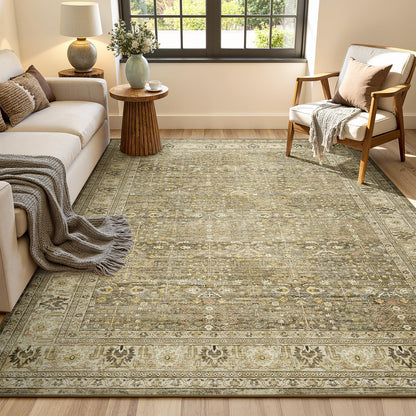 Lofus 9x12 Washable Area Rug for Living Room, Non-Slip Green Boho Carpet