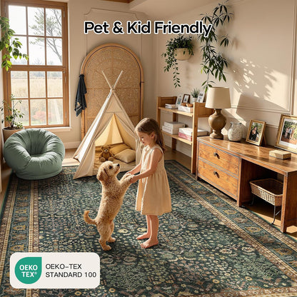 Lofus 9x12 Washable Area Rug for Living Room, Non-Slip Green Boho Carpet