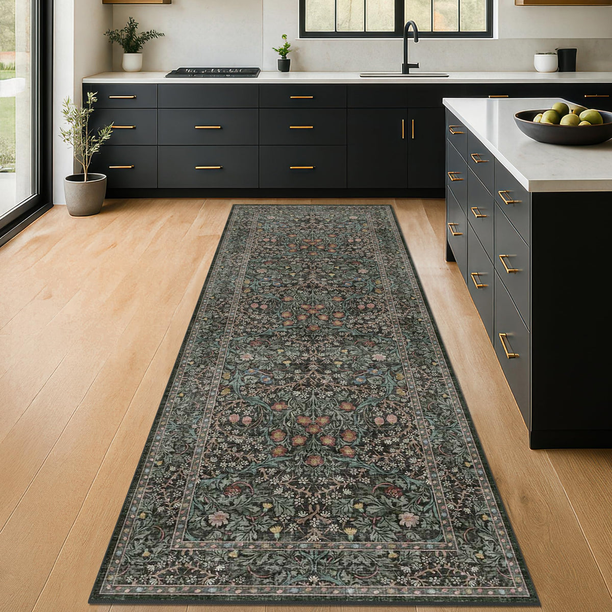 Floral Dark Green Washable Area Rugs 8x10, Vintage Living Room Rug