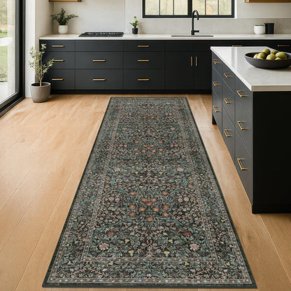 Floral Dark Green Washable Area Rugs 8x10, Vintage Living Room Rug