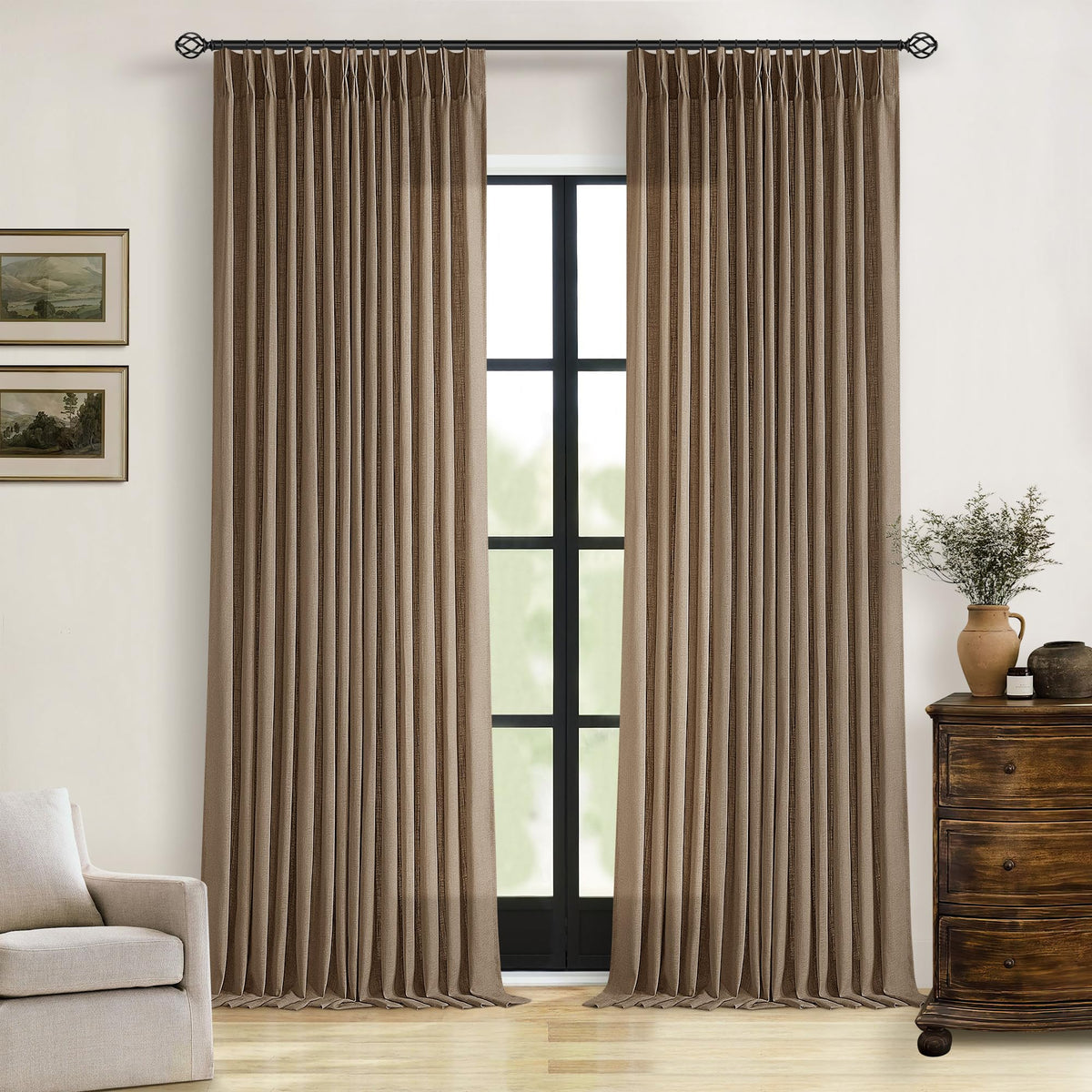 TWODRAPES Natural Pinch Pleated Linen Semi Sheer 84 Inch Curtains 2 Panels